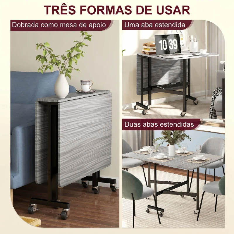HOMCOM Mesa de Jantar Dobrável para 4-6 Pessoas com Rodas e Abas Rebatíveis para Cozinha 120x80x73 cm Cinzento