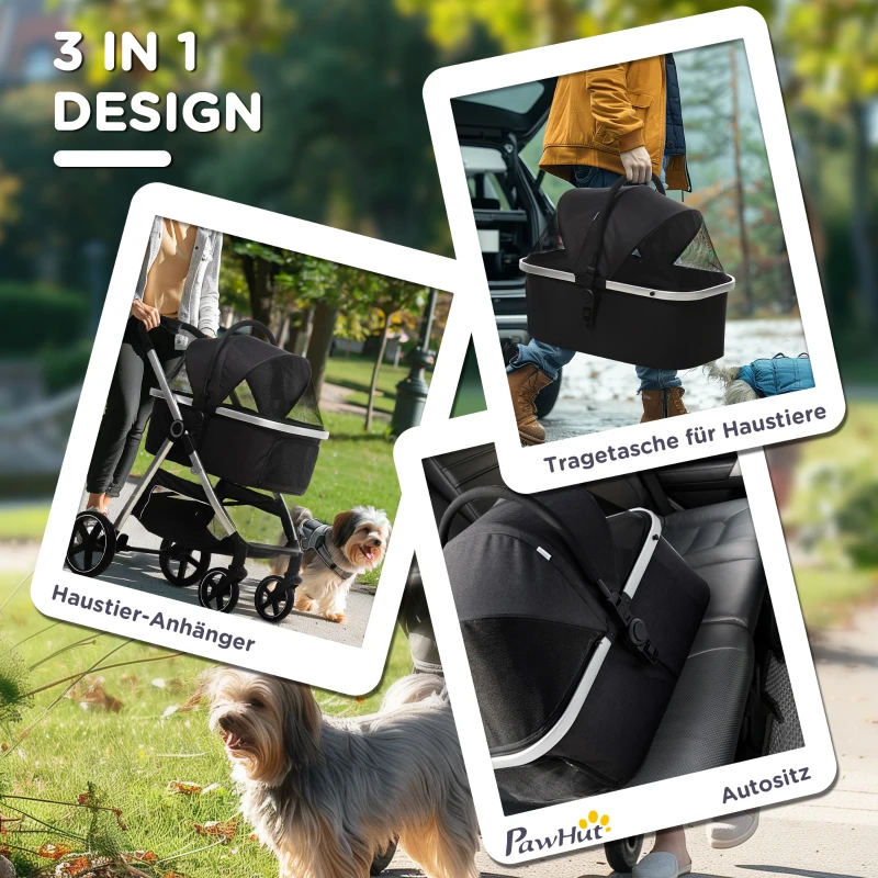 PawHut 2-IN-1 Hondenbuggy Huisdierbuggy, inclusief kussen, opvouwbaar, 1 opbergmand, 83 cm x 58 cm x 102 cm, Zwart