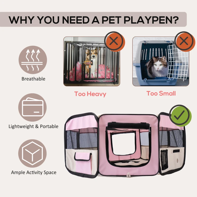 PawHut 600D Oxford Soft Fabric Kennel, Portable Lightweight Cat Dog Playpen, Foldable Pet Puppy Rabbit Guinea Pig Pen Run Dia 90 x 41H cm Indoor & Outdoor Pink