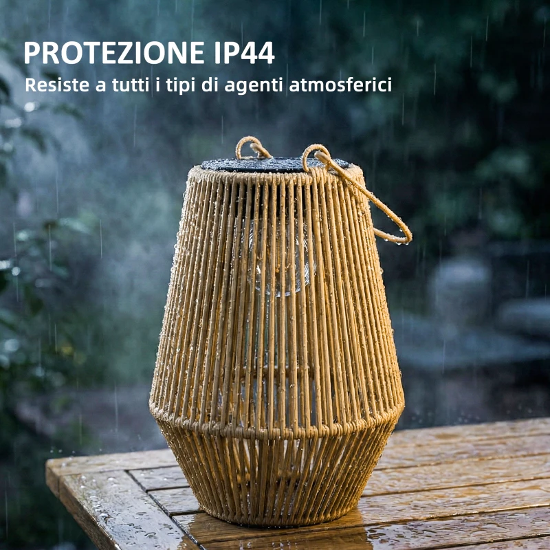 Outsunny Set di 2 Lampade Solari in Rattan,con Accensione/Spegnimento Automatico, IP44, 16x16x21 cm, Marrone
