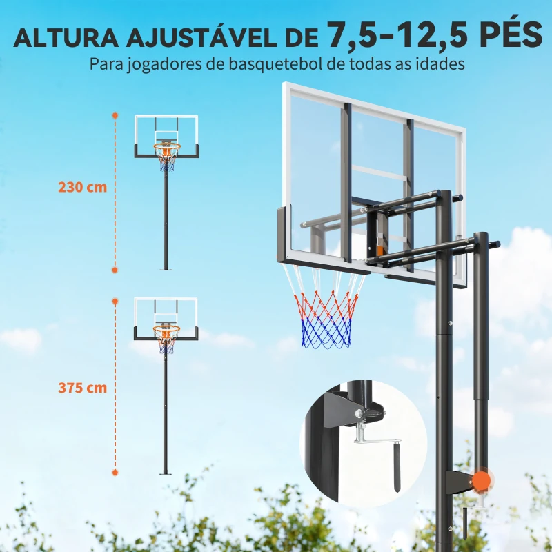 SPORTNOW Cesto de Basquetebol para Exterior no Chão, Altura Ajustável 230-375 cm com Suporte e Painel Inquebrável 120 cm, Aro Ø48 cm
