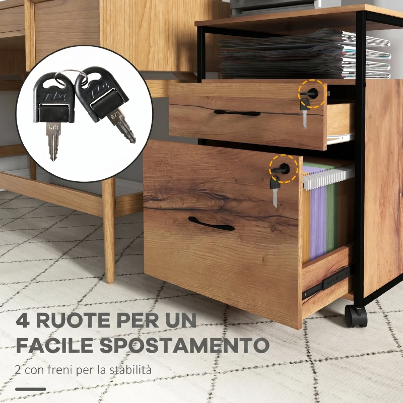 Vinsetto Cassettiera da Ufficio con 2 Cassetti con Serratura, Mobile con Ruote e Barra per Cartelle A4 e Lettera, 44 x 40 x 66.5 cm, Marrone Rustico