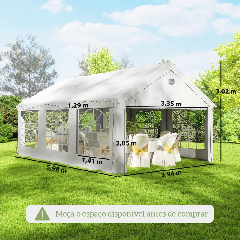 Outsunny Tenda para Festas 4x6 m com Luzes LED, Paredes Removíveis, 2 Portas e Janelas, UPF30+, Branco