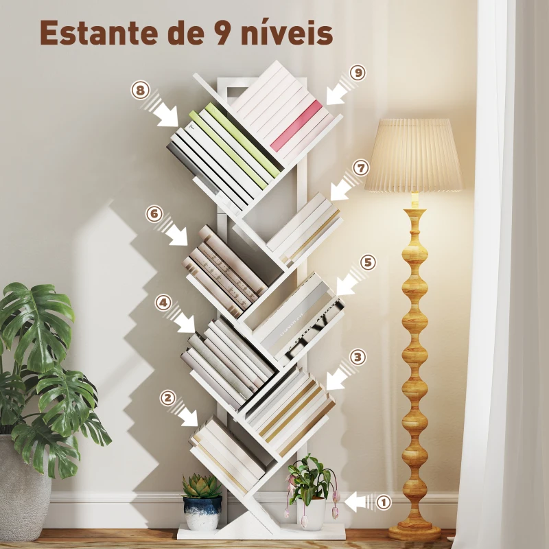 HOMCOM Estante em Forma de Árvore de 9 Níveis Estante de Livros com 9 Prateleiras e Estrutura de Aço 50x24x136 cm Branco