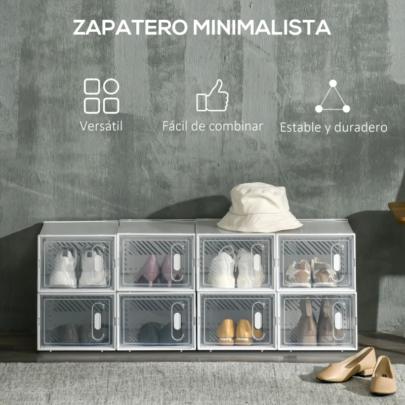 HOMCOM Organizador de Zapatos Modular Estantería Modulable con 8 Cubos Puertas Magnéticas 25x35x19 cm Transparente