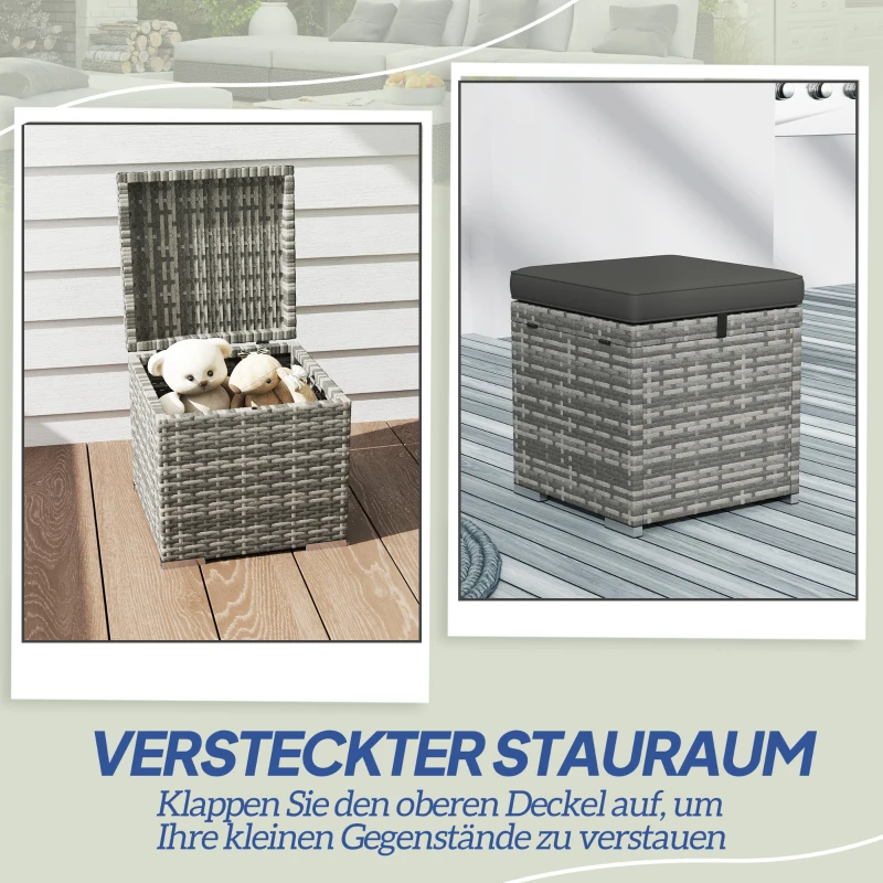 Outsunny 2-delige Set Rotan Krukken Zitkrukken met Rotanlook Opbergruimte Kussens Deksel 120 kg Belastbaar 40x40x41cm Donkergrijs