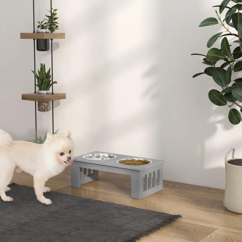 PawHut Hondenvoerstation, Antislip, 44x24x15cm, Grijs, 0,9L per Schaal