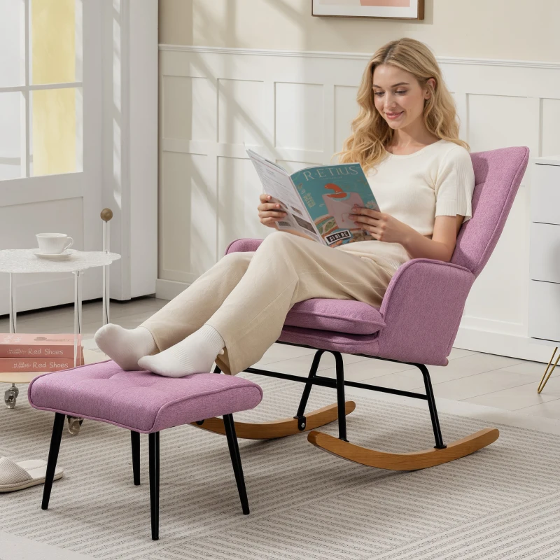 HOMCOM Conjunto de Poltrona Baloiço com Apoio para os Pés Poltrona Relax com Almofada Acolchoada e Anti-Tombo 64x89x90 cm Rosa