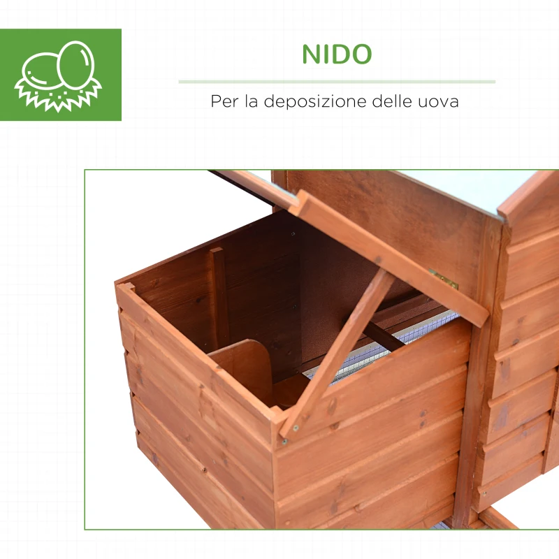 PawHut Pollaio in Legno con Casetta, Nido di Cova e Area Aperta, per 2-4 Galline, 190x66x116cm, Arancione