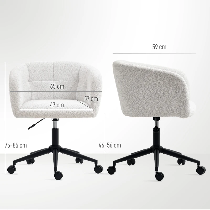 HOMCOM Gepolsterde Bureaustoel met Pluche Bekleding, Kuipvormig Design, Verrijdbare Bureaustoel, Stalen Basis, Crème+Zwart