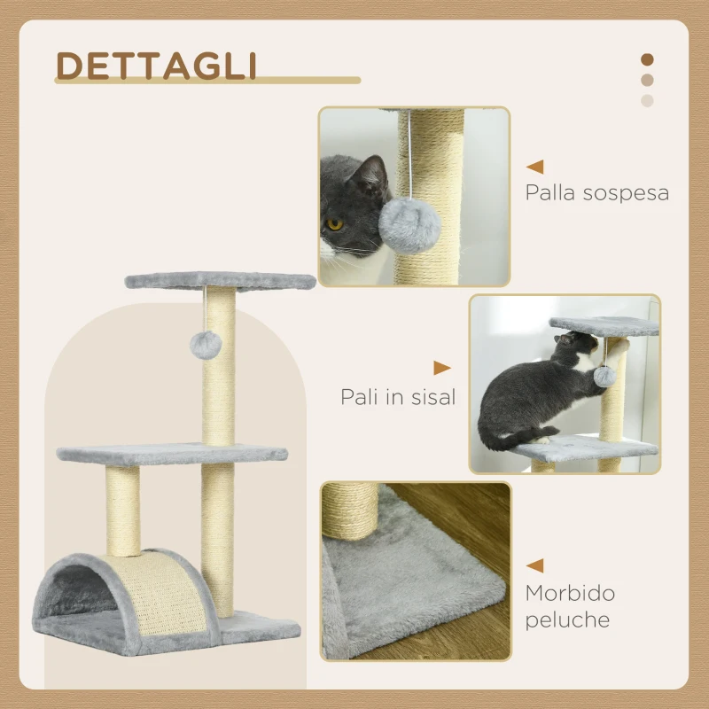 PawHut Albero per Gatti a 3 Livelli con Tiragraffi, Peluche e Sisal, 40x35x72 cm, Grigio Chiaro