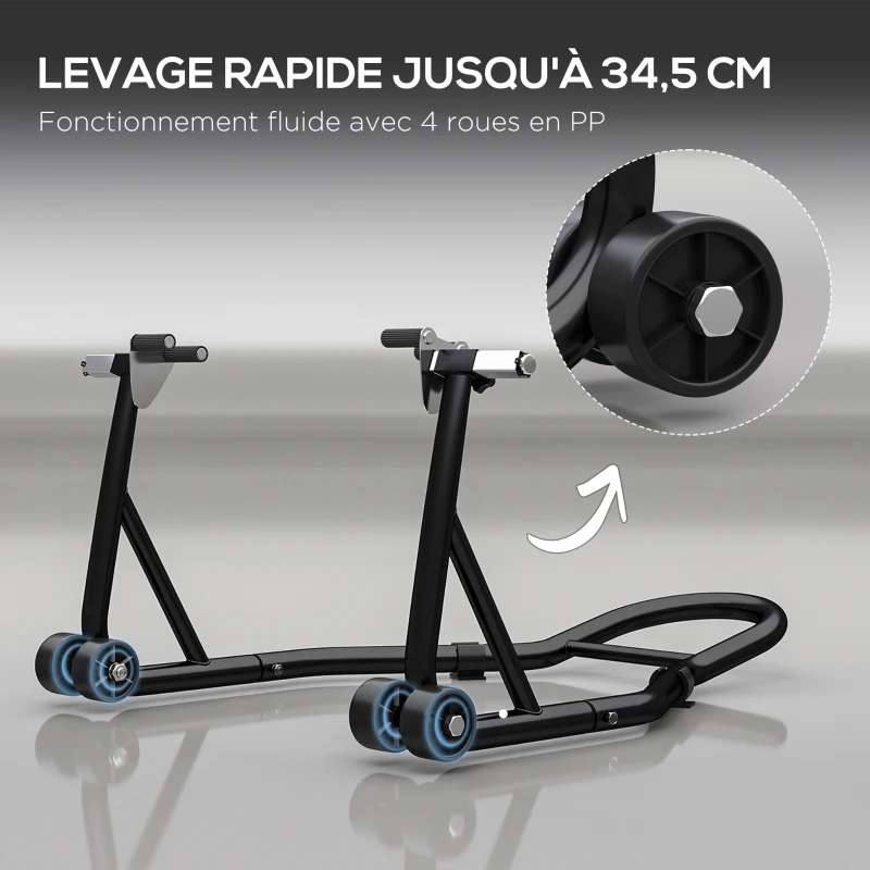 HOMCOM Support pour moto, béquille avant pour moto avec goupille réglable et adaptateurs pour bras oscillant, noir
