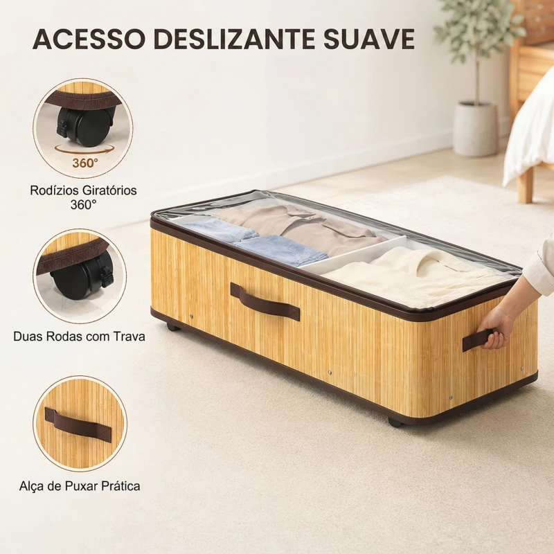 HOMCOM Conjunto de 2 Caixas de Arrumação para Debaixo da Cama com Rodas, 60 L, Tampa Transparente e Asa, Estrutura Metálica, 78,5x43x23 cm, Natural