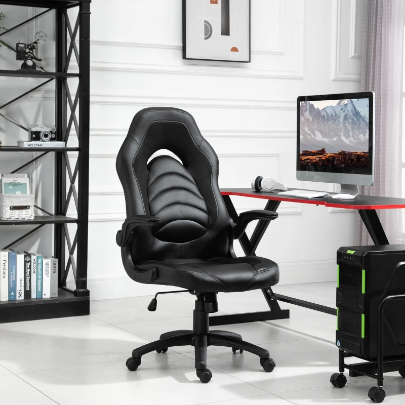 Vinsetto Poltrona Gaming o da Ufficio in Similpelle Nera, Braccioli Pieghevoli Schienale e Altezza Regolabile 117-127Acm