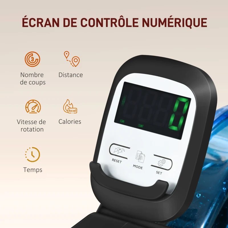 SPORTNOW Rameur à eau d'appartement pliable - 6 niveaux de résistance écran LCD multifonction support de tablette