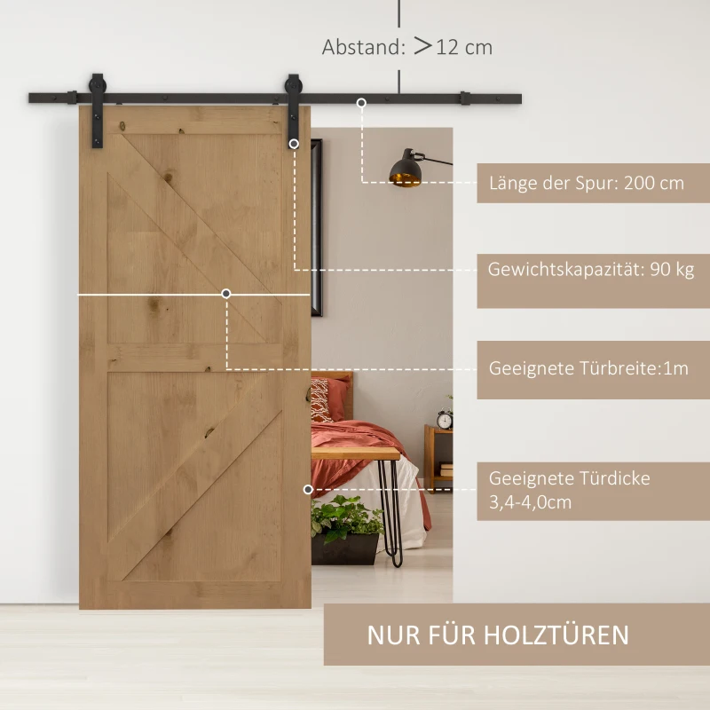 HOMCOM Glijrailsset voor schuifdeur, tot 90 kg, koolstofstaal, 200 cm, zwart, inclusief gereedschap(m-4)