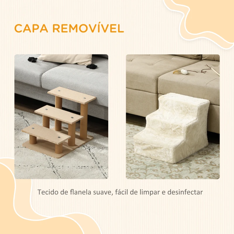 PawHut Escada para Cães de 3 Degraus com Capa Removível e Lavável Rampa para Cães para Cama Sofá 46x35x35 cm Bege