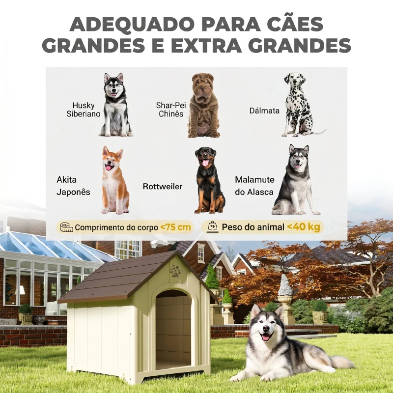 PawHut Casota para Cães Exterior Extragrande em Plástico com 2 Janelas, Base Elevada e Estacas Bege
