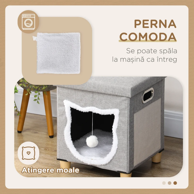 PawHut Căsuță pentru Pisici cu Covoraș pentru Zgâriat, Pernă și Minge, din Lemn și Poliester, 35.5x35.5x42.5 cm, Crem și Gri