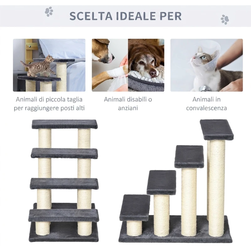 PawHut Scaletta per Cani e Gatti a 4 Gradini con Rivestimento in Peluche e Pali Graffiatoio in Sisal, Grigio