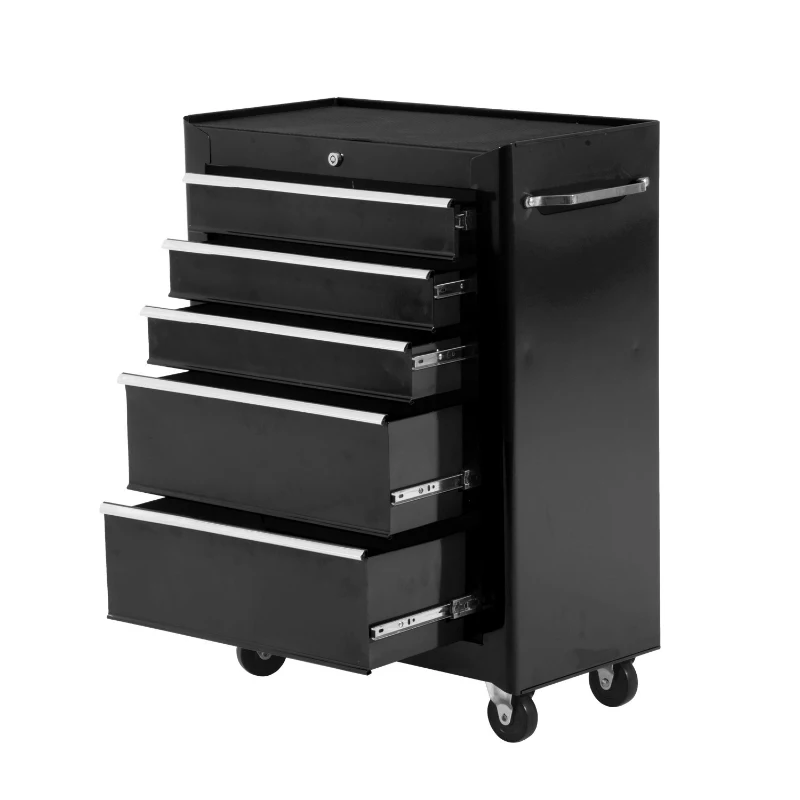 HOMCOM Carrello Porta Attrezzi 5 Cassetti con Chiave e Ruote Nero