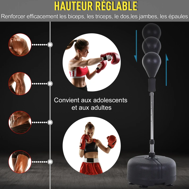 HOMCOM Punching ball sur pied réglable en hauteur 136-154 cm avec gants et base de lestage à ventouses noir