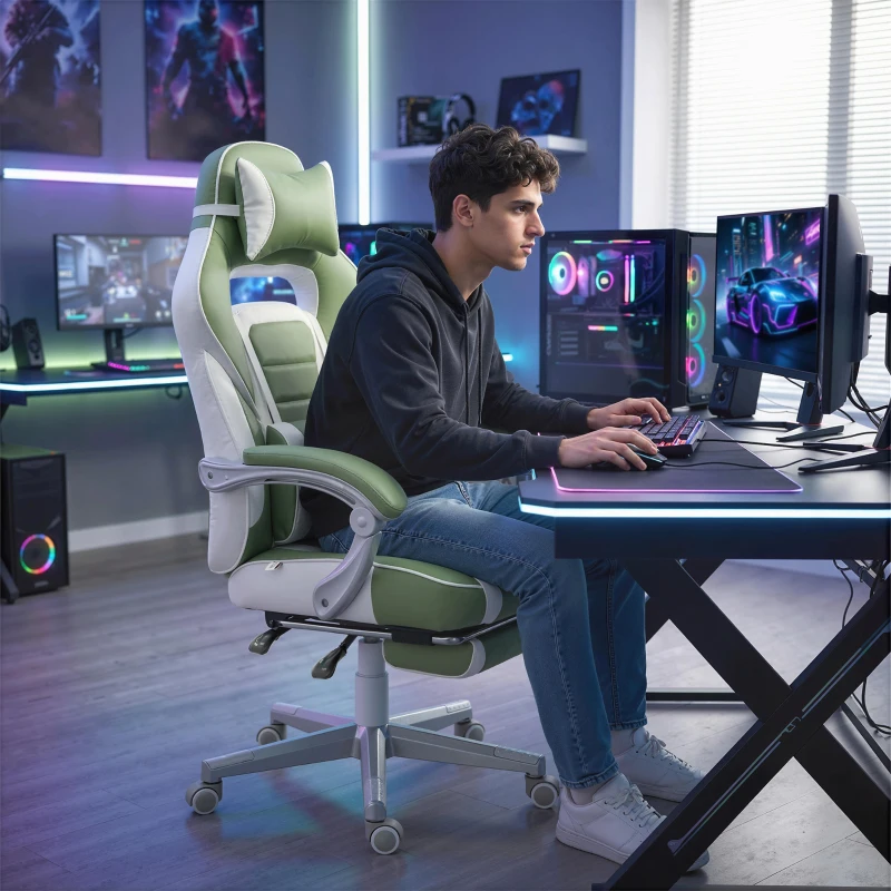 HOMCOM Cadeira Gamer Reclinável com Altura Ajustável Apoio para os Pés Retrátil Suporte Lombar e Almofada de Cabeça Amovível Verde