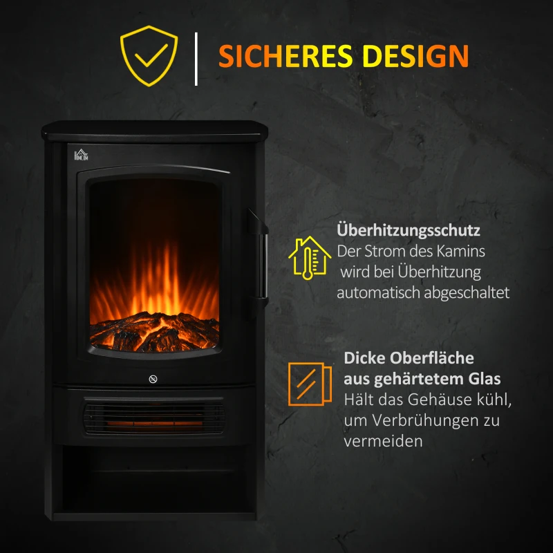 HOMCOM elektrische haard, realistische vlammen, 2 verwarmingsniveaus, bescherming tegen oververhitting, staal, zwart, 44,5 x 32 x 74 cm(m-6)