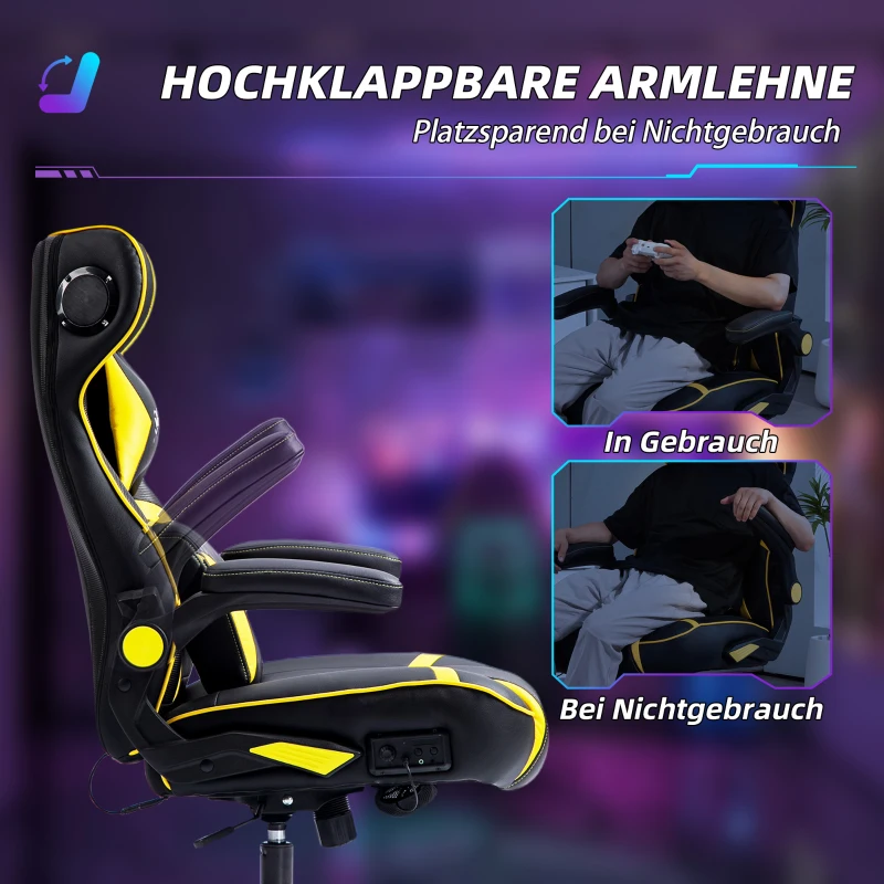 Vinsetto Gaming Stuhl mit Schaukelfunktion und Lautsprecher, Lenden- und Nackenstütze, für Spielzimmer, Kunstleder, Gelb+Schwarz