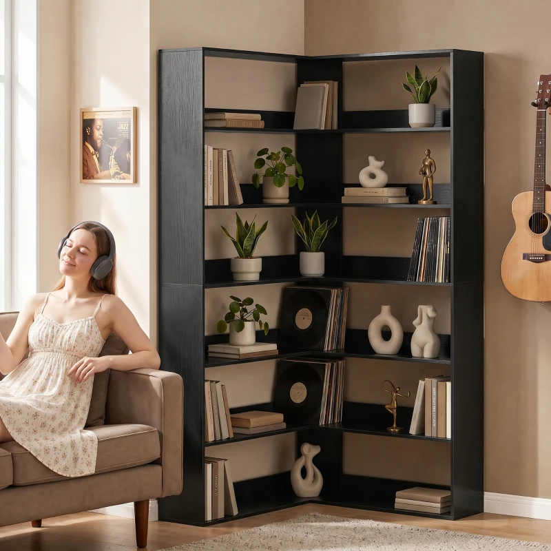 HOMCOM 7 Tiers Bookshelf, L-Shaped Corner Bookcase with Anti-Slip Rear Guard, Black Wood Effect