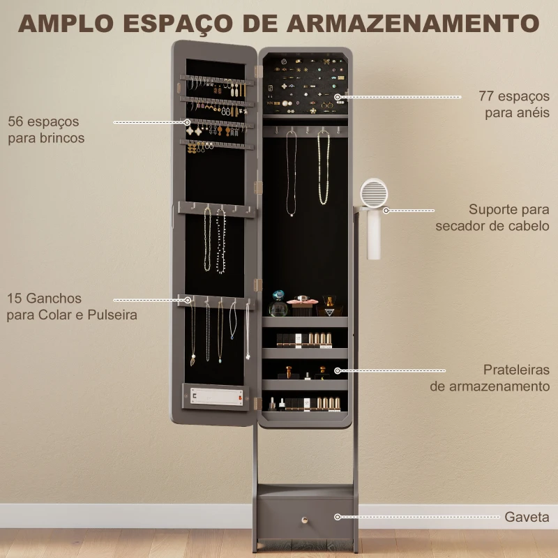 HOMCOM Espelho para Joias com Luzes LED Armário para Joias com Espelho de Corpo Inteiro Ajustável Gaveta Luzes com Desligar Automático Cinzento