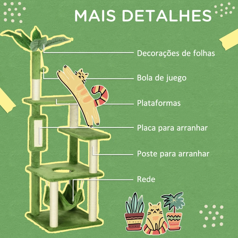 PawHut Arranhador de Gatos Grande de 142 cm com Postes de Sisal Plataformas Rede Folhas e Bola de Brinquedo Ø49x142 cm Verde