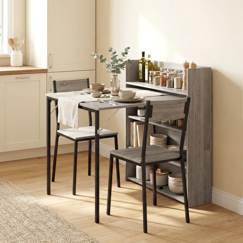 HOMCOM Kitchen Table, Folding Dining Table, with 4-Tier Shelves, Modern Drop-Leaf Table, Grey Wood Effect