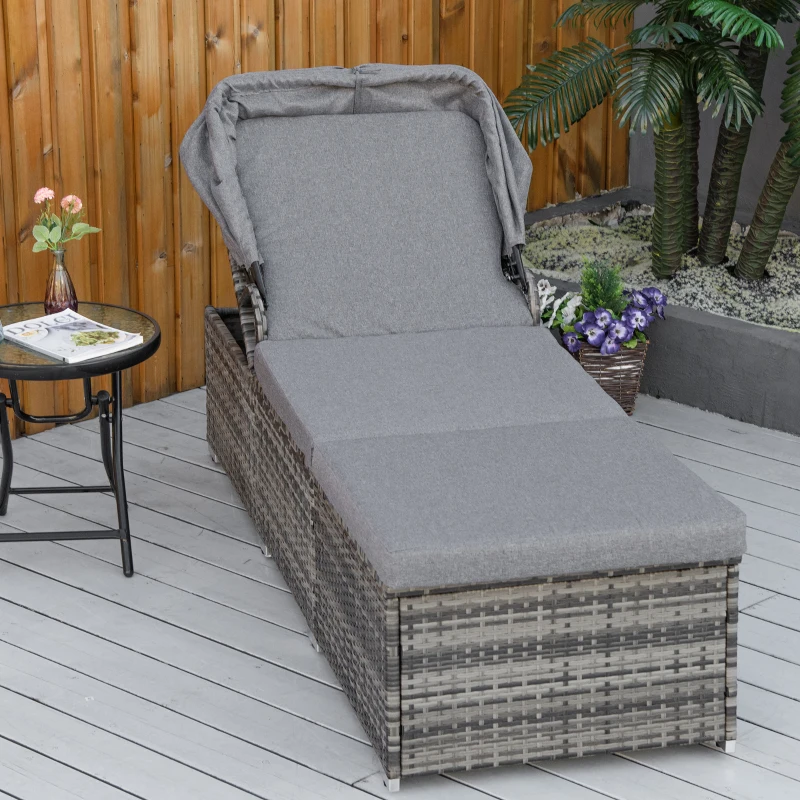 Outsunny Sonnenliege aus Polyrattan mit Sonnendach Gartenliege verstellbar Rattanliege Gartenmöbel Liege mit Kissen Grau 195 x 65 x 40 cm