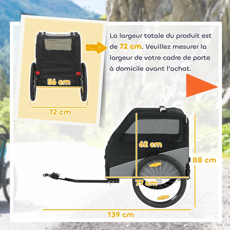 PawHut Remorque Vélo Chien avec Pneus 20", Attache Universelle, Réflecteurs, Drapeau, Laisse, 139x72x88cm, Gris et Noir
