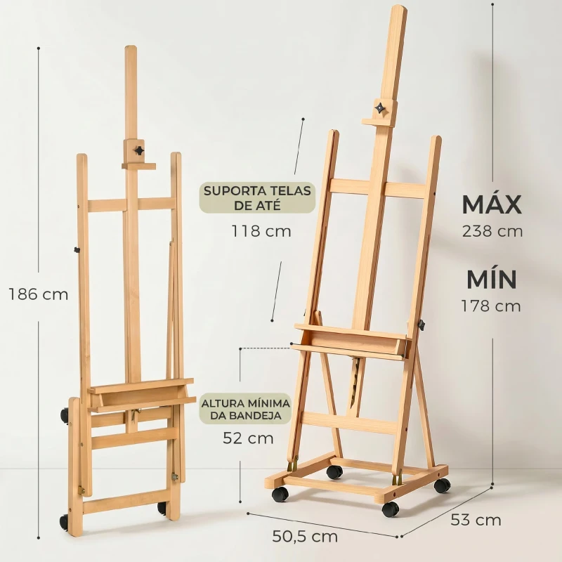 Vinsetto Cavalete de Pintura Dobrável 238 cm Cavalete de Madeira com Rodas Altura Ajustável Bandeja Madeira