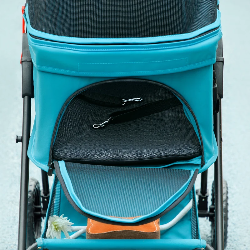 PawHut 3-in-1 Huisdierenbuggy, Opvouwbare Hondenwagen met 4 Wielen en Afneembare Drager voor Honden en Katten Turquoise