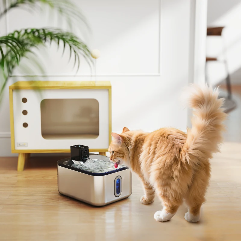 PawHut Fontaine à eau pour chat automatique en inox 5L, silencieuse, distributeur eau chat 3-étapes filtre chargeur USB, argent