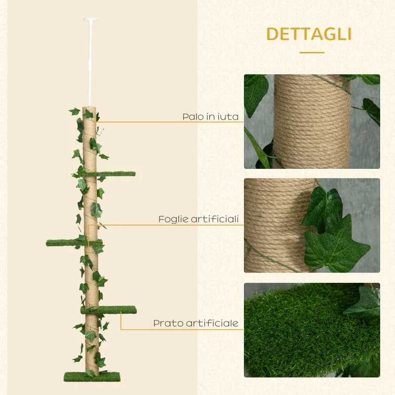 PawHut Albero Tiragraffi per Gatti a Soffitto Alto 202-242 cm Regolabile con Asta di Tensione, Verde