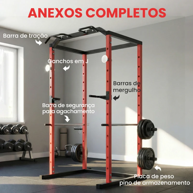 SPORTNOW Jaula de Potência Rack de Agachamentos com Barra de Elevações Estação de Paralelas Ajustável para Casa Ginásio Carga 460 kg