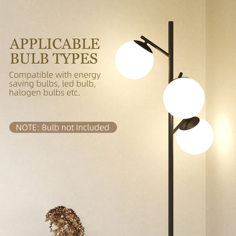 HOMCOM 3-Light Tree Floor Lamps for Living Room, Modern Standing Lamp for Bedroom with Globe Lampshade, Steel Base, Bulb not Included, Black