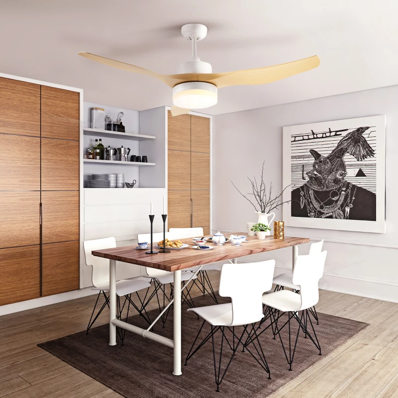 HOMCOM Ventoinha de Teto 20,5W Diâmetro 132cm com Luz LED Ajustável 3 Lâminas Reversíveis 6 Velocidades e Temporizador Madeira