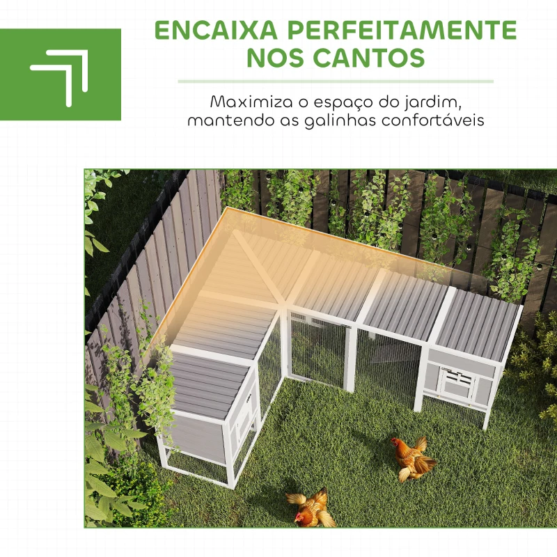 PawHut Galinheiro Grande de Madeira para Exterior em L para Canto com 2 Ninhos Recinto e Bandejas Removíveis 251x192x103 cm Cinzento