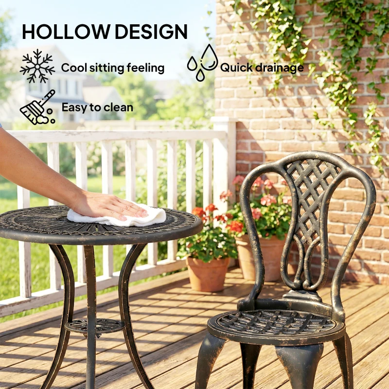 Outsunny 3 Piece Patio Cast Aluminium Bistro Set Garden Outdoor Furniture Table and Chairs Shabby Chic Style, Bronze Tone
