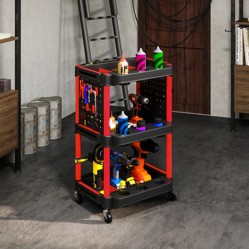 HOMCOM Gereedschapswagen, Drie Niveaus, 4 Wielen, Kunststof, 10 Haken, Zwart+Rood