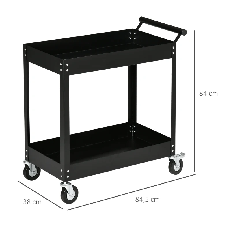 DURHAND Gereedschapswagen, 2 niveaus, wagen, 4 wielen, staal, tot 150 kg, 84,5 x 38 x 84 cm, Zwart(m-3)