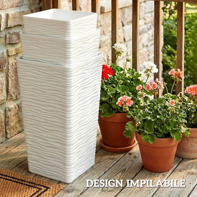 Outsunny Set 3 Vasi da Esterno Impilabili con Motivo Ondulato in Plastica, 42/55/65 cm, Bianco