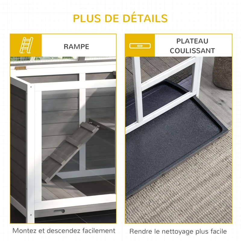 PawHut Cage à lapin clapier sur roulettes petit enclos animaux en bois massif 2 étages toit ouvrant plates-formes 91,5 x 53,3 x 73 cm gris