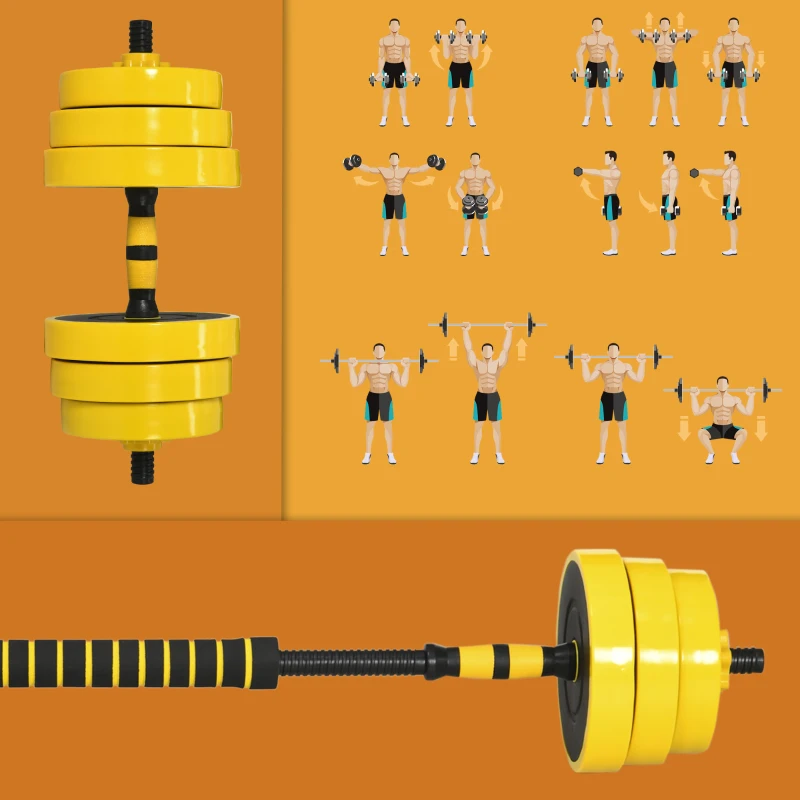 HOMCOM 25 kg halter & halter met lange stang, verstelbare ergonomische 3-in-1 halterset, 12 × schijven, 2 × korte stangen, 1 × lange stang, geel + zwart