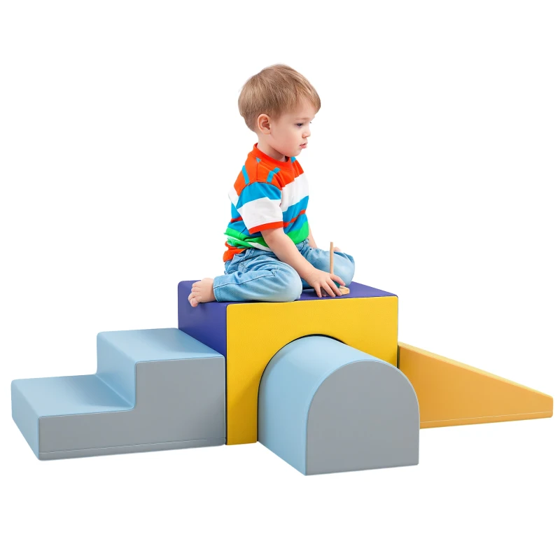 HOMCOM 4-delige Set Zachte Bouwblokken voor Klimmen en Glijden, Kunstlederen Bekleding, voor Kinderen van 1-3 Jaar, Multicolor